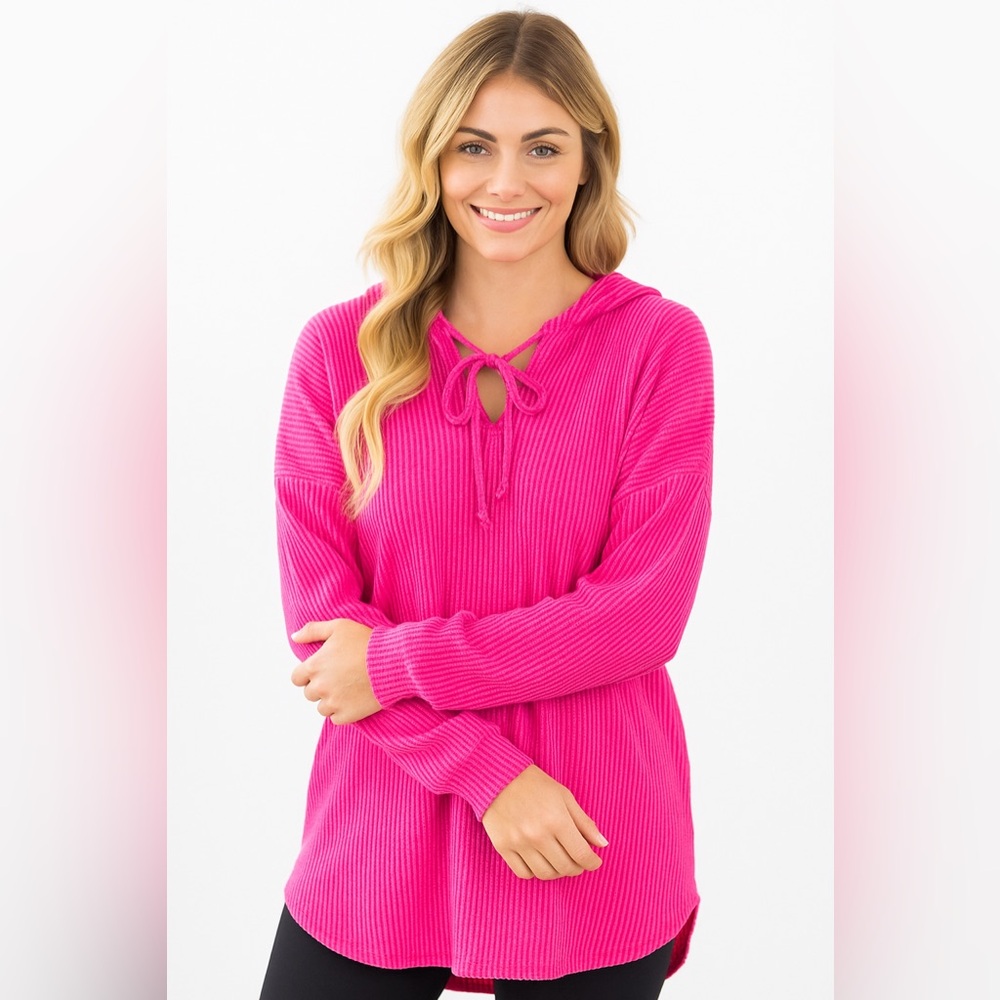 HEIMISH USA Hot Pink Ribbed Long Sleeve Hoodie Top Tie Front